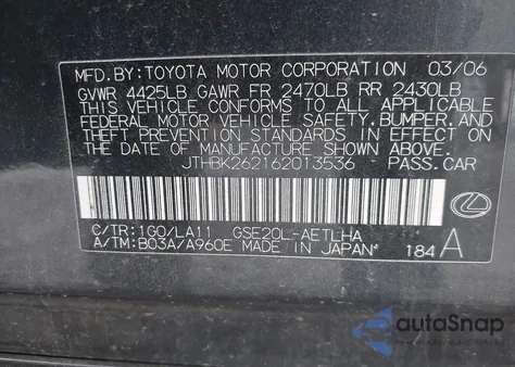 2006 Lexus Is 250 z USA, uszkodzony, nr VIN JTHBK262162013536